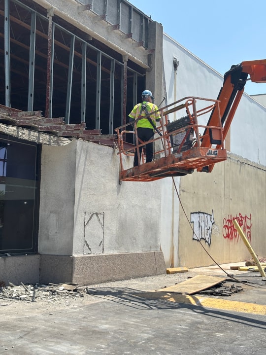 scissor lift during demolition of erewhon store in glendale ca