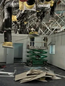 cinmark demolition project with construction lift view 2