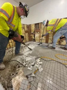 tile removal project at irmas campus school -kitchen view 1