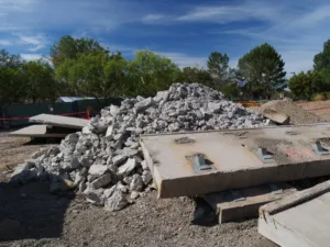 pile of concrete debris at takeda pharmaceuticals construction site