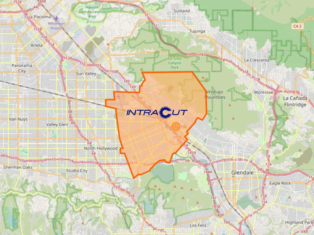 Map outline of Burbank, CA where Intracut provides concrete cutting and demolition services