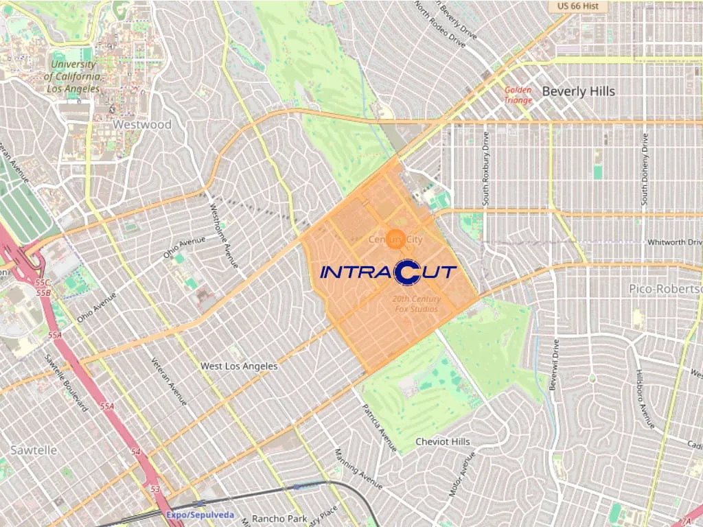 Map outline of Century City, CA where Intracut provides concrete cutting and demolition services