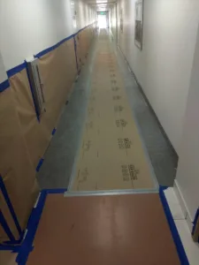 hallway preparation for selective demolition at prudential financial's retirement services office in thousand oaks, ca
