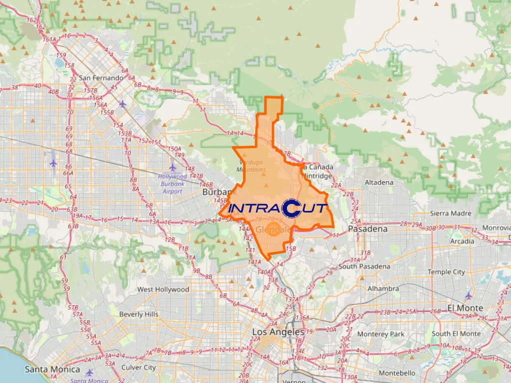 Map outline of Glendale CA where Intracut provides concrete cutting and demolition services