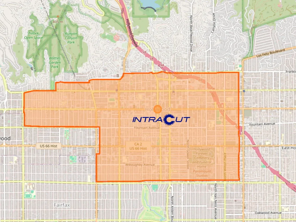 Map outline of Hollywood, CA where Intracut provides concrete cutting and demolition services