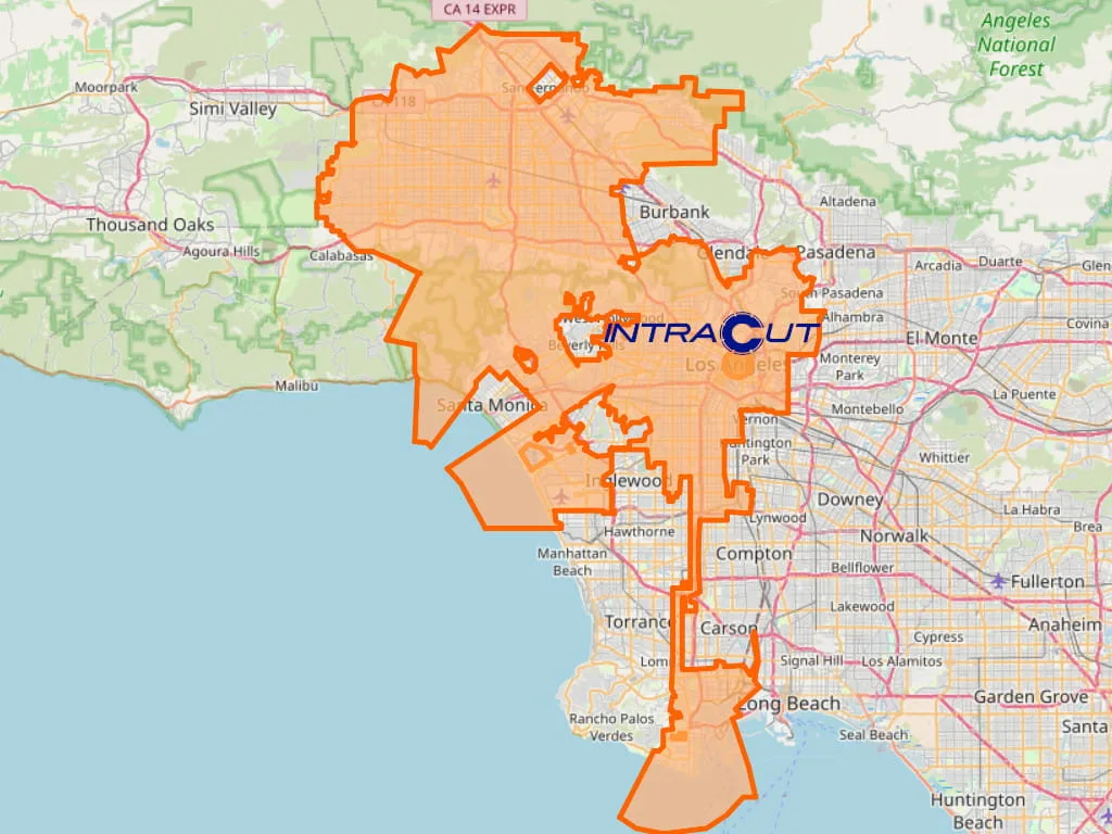 Map outline of Los Angeles, CA where Intracut provides concrete cutting and demolition services