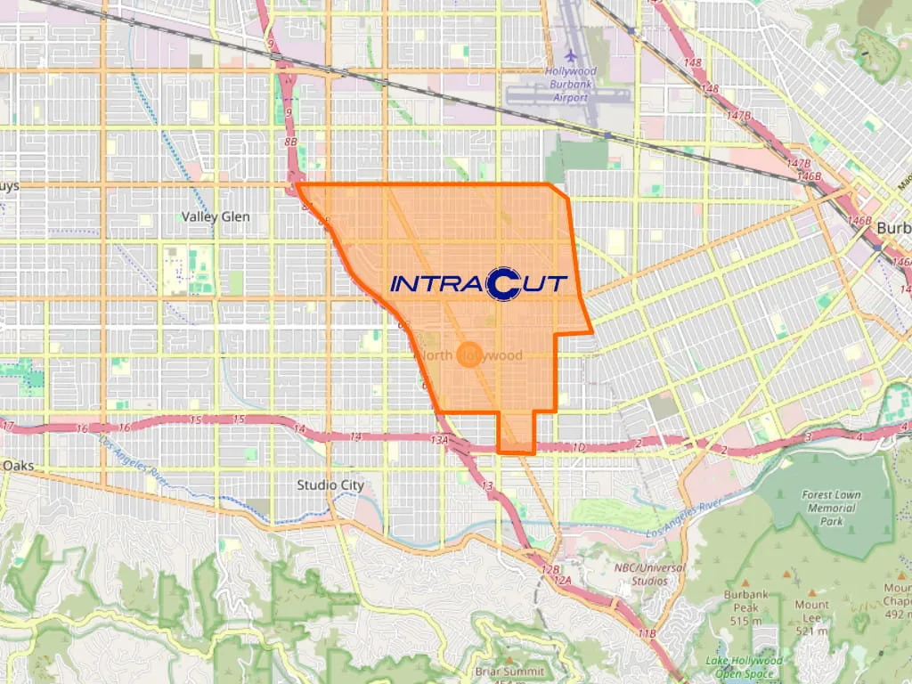 Map outline of North Hollywood, CA where Intracut provides concrete cutting and demolition services