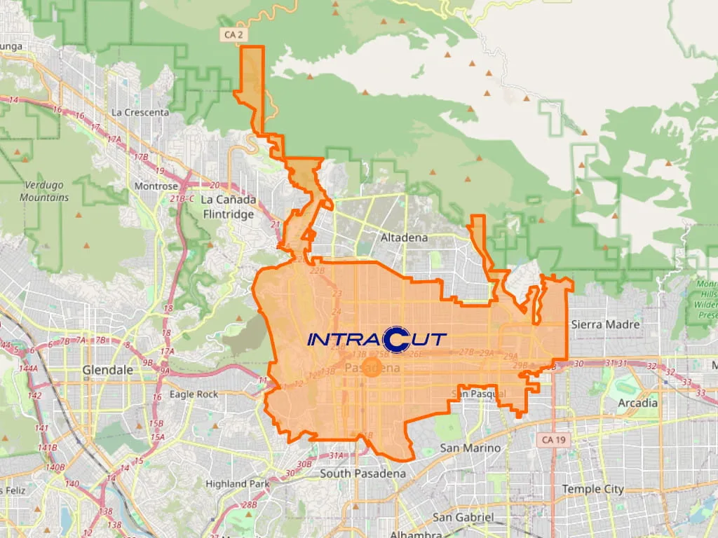 Map outline of Pasadena, CA where Intracut provides concrete cutting and demolition services