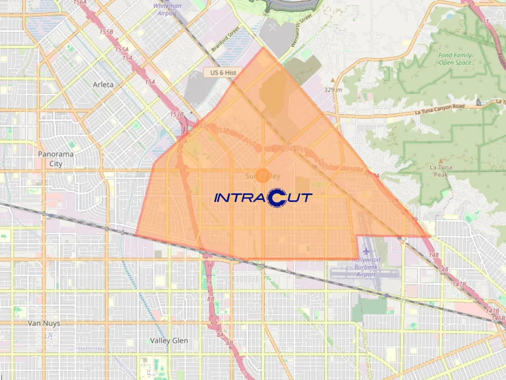 Map outline of Sun Valley, CA where Intracut provides concrete cutting and demolition services