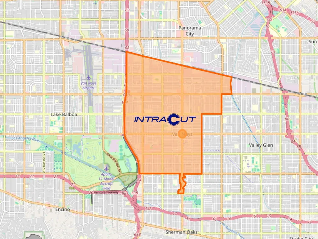 Map outline of Van Nuys, CA where Intracut provides concrete cutting and demolition services