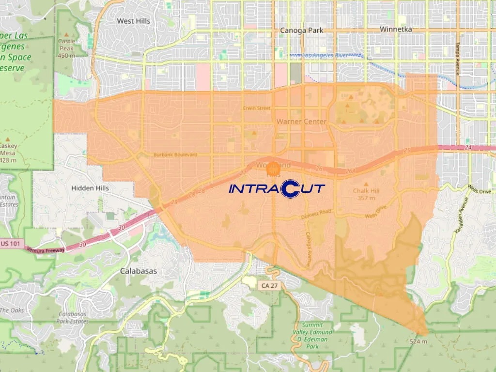 Map outline of Woodland Hills, CA where Intracut provides concrete cutting and demolition services